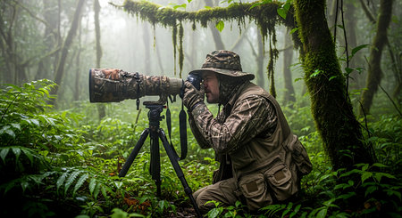 Photographer with camera in the rainforest. Travel and adventure conceptの素材