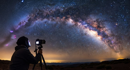 Photographer taking photo of milky way galaxy and starry skyの素材