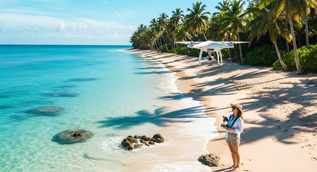 Beautiful young woman on a tropical beach with palm trees and white droneの素材