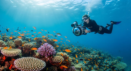 Scuba diver exploring a colorful tropical coral reef and tropical fish.の素材