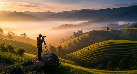 Photographer taking picture of beautiful rice terraces at sunrise. Nature backgroundの素材