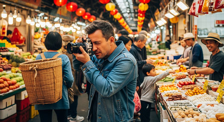 Vietnamese man taking photo of local market in Hanoi, Vietnamの素材