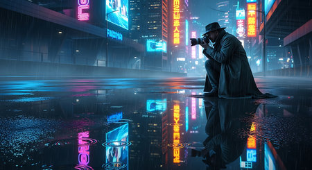 Photographer taking picture of cityscape with glowing neon signs. Mixed mediaの素材