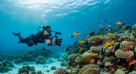 Scuba diver exploring a tropical coral reef with fishes and coralsの素材