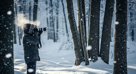 Young woman in winter forest taking photos with a camera in snowfallの素材