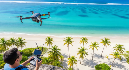 Man flying drone over white sand beach with palm trees and turquoise seaの素材