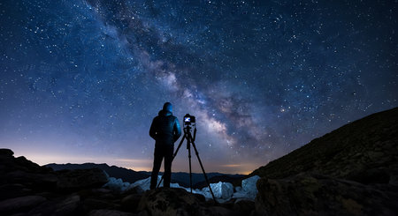 Silhouette of photographer with camera taking photo of starry night skyの素材