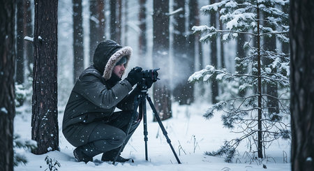 Photographer with camera taking picture in snowy forest. Winter landscape.の素材