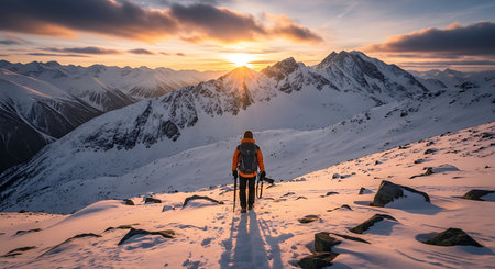 Hiker with backpack standing on snowy mountains and looking at sunset.の素材