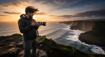 Photographer with camera taking picture of beautiful sunset at Cliffs of Moherの素材