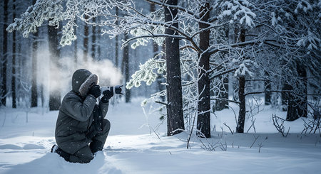 Photographer in the winter forest. Man with a camera in his handsの素材