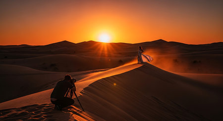 Silhouette of a photographer in the Sahara desert, Morocco.の素材