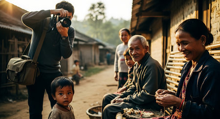 Happy family taking photos of themselves with a camera in the village.の素材