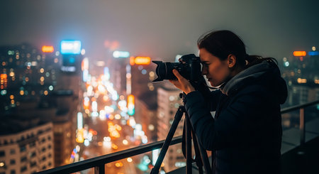 Professional photographer taking picture of cityscape with professional camera at night.の素材