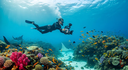 Retro photographer sitting in front of a camera in his studio.の素材