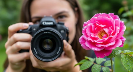 Photographer taking photo of pink rose flower with dslr cameraの素材