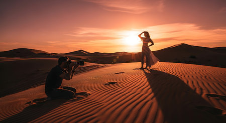 Silhouette of a bride and groom in the desert at sunsetの素材