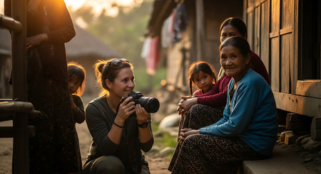 Unidentified tourists taking pictures in the village.の素材