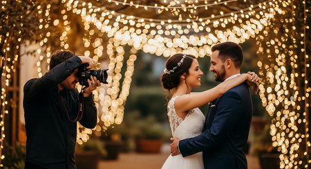 Wedding photographer taking picture of bride and groom in the cityの素材