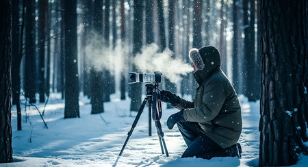 Photographer with a camera in the winter forest. Photographing a snowy landscape.の素材