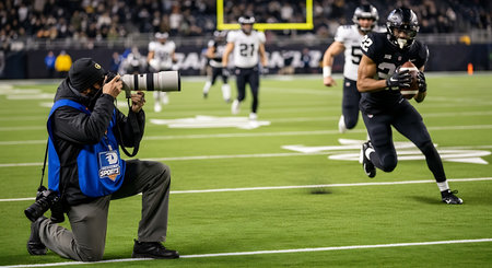 American Football player running with the camera during a game against the New York Giants at Billie Jean King National Tennis Centerの素材