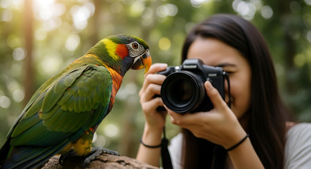 Beautiful parrot and photographer taking photo in the park,nature backgroundの素材