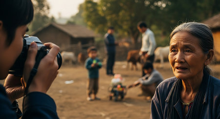 Vietnamese woman taking a photo of her family in the villageの素材