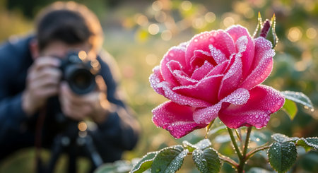 Photographer taking a picture of a pink rose with dew dropsの素材