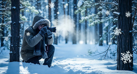 Photographer taking picture in snowy forest. Winter travel and adventure concept.の素材