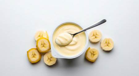 Banana yogurt in bowl with spoon on white background, top viewの素材