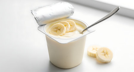 Banana yogurt in a glass jar with a spoon on a white backgroundの素材