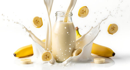 Milk splashing out of a glass with bananas isolated on white backgroundの素材