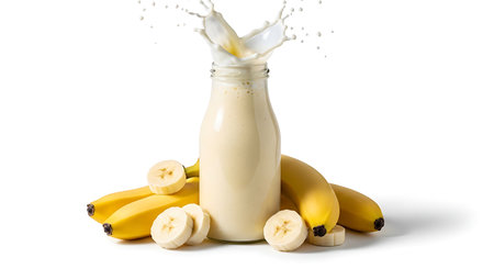 Milk splash out of a bottle with bananas on a white backgroundの素材