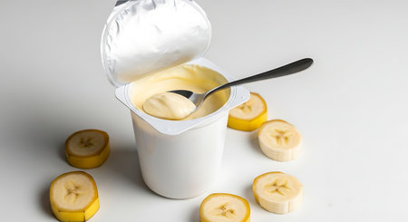 Banana yogurt in a plastic container with a spoon on a white backgroundの素材