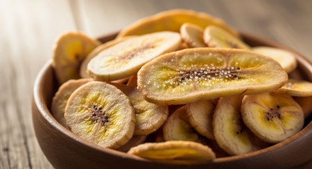 Banana chips in a wooden bowl on a wooden table, selective focus.の素材