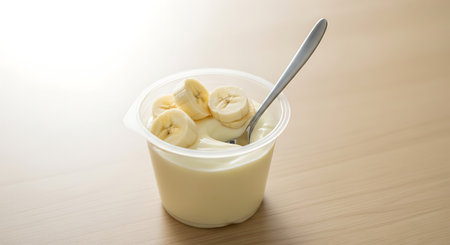 Banana yogurt in plastic cup with spoon on wooden table background.の素材