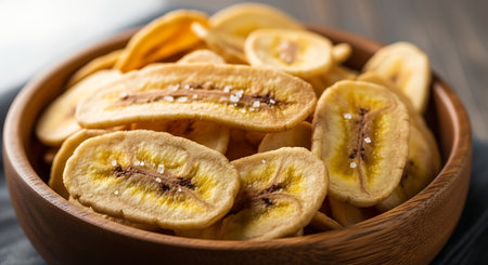 Banana chips in wooden bowl on grey wooden table, closeupの素材