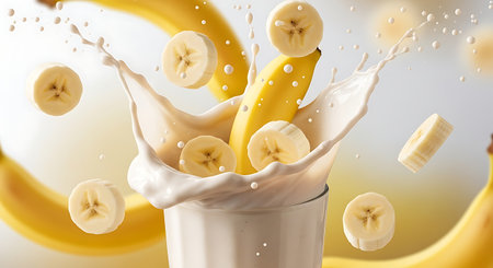 Banana juice splashing out of a glass. 3d renderingの素材