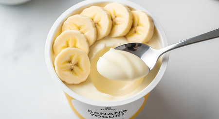 Slices of banana in a cup of yoghurt.の素材