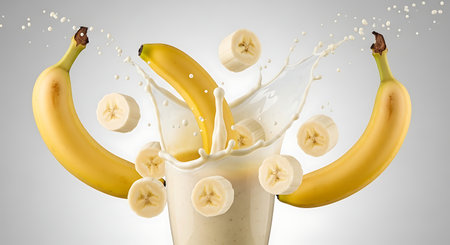 Banana milkshake splashing out of a glass with bananasの素材