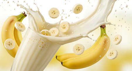 Banana milk splashing into glass with fresh bananas on white backgroundの素材