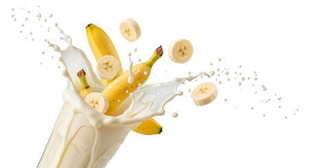 Banana milk splashing isolated on white background with clipping path.の素材
