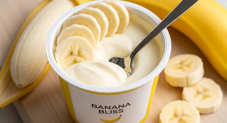 Banana yogurt in a plastic cup with a spoon on a wooden boardの素材