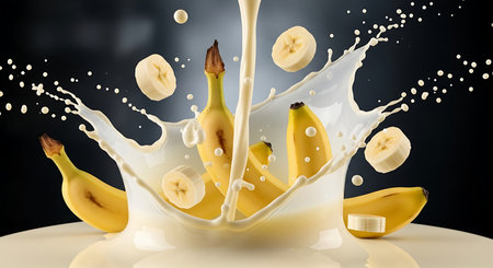 Bananas in a milk splash. 3d rendering, 3d illustration.の素材