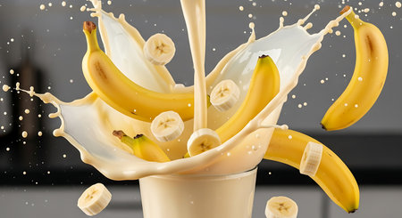 Banana splashing out of a glass of milk, close upの素材