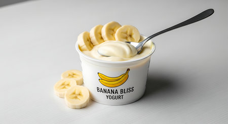 Organic banana yogurt in a plastic cup.の素材
