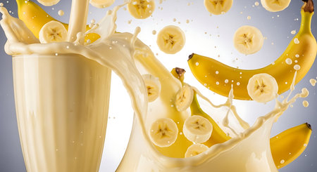 Banana juice splashing into a glass. 3d illustration.の素材