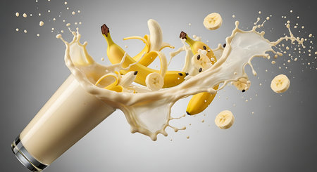 Milk splashing out of a glass with banana slices. 3d renderingの素材