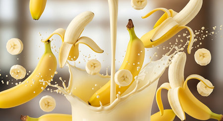 Banana juice splashing out of a glass. 3d renderingの素材