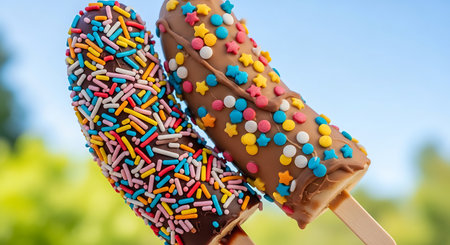 Ice cream in the form of a shoe on a stick with sprinklesの素材
